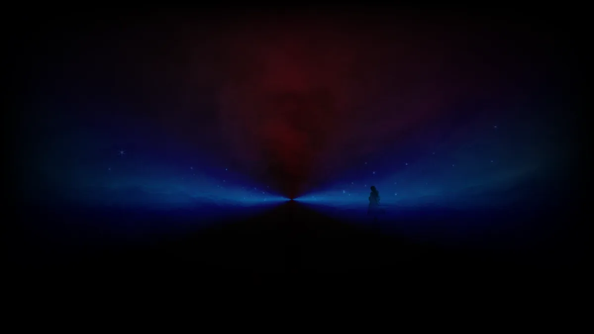 A lone silhouette of a person stands on a dark, starry landscape, facing a glowing blue horizon with a large red nebula…