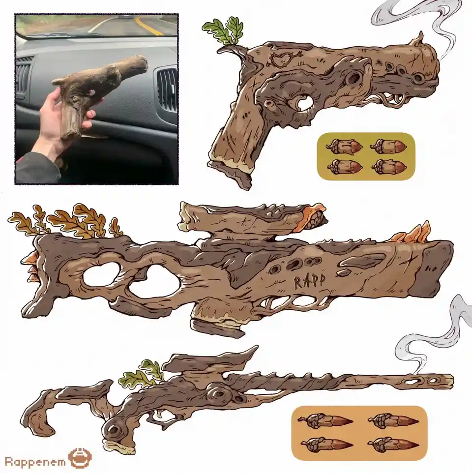A composite image shows a real-life hand holding a gnarled piece of wood resembling a pistol, alongside detailed…