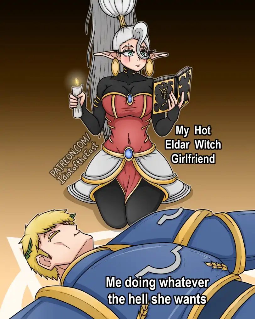 An anime-style illustration shows a silver-haired, elf-like witch in a red and black outfit kneeling and holding a candle…