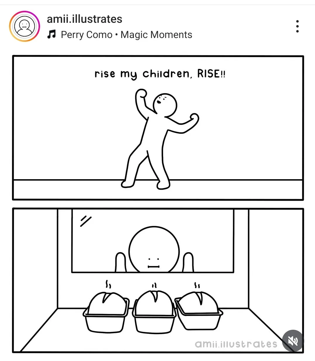 A two-panel black-and-white comic. The top panel shows a stick figure with arms raised shouting 'rise my children, RISE!!'…