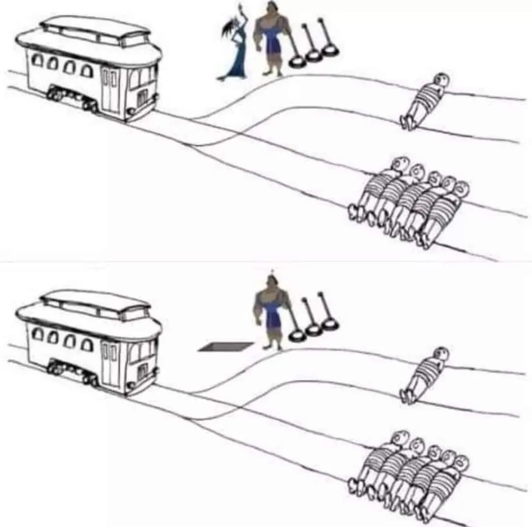 a two-panel cartoon depicts a trolley approaching a fork in the tracks. In the top panel, a man stands at the junction with…