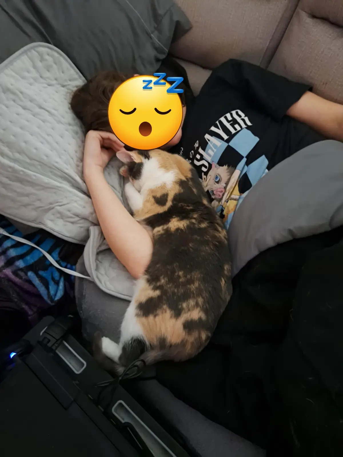 A person is sleeping on a couch, their face obscured by a yellow sleeping emoji with 'zzz' above it, while a calico cat…