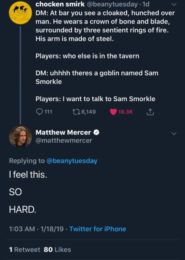A screenshot of a Twitter thread where a user describes a dramatic Dungeons & Dragons scene with a powerful, mythic-looking…