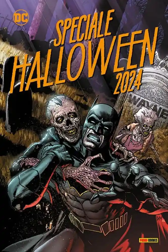 A comic book cover for DC's 'Speciale Halloween 2024' features Batman being attacked by two zombie-like figures in a…
