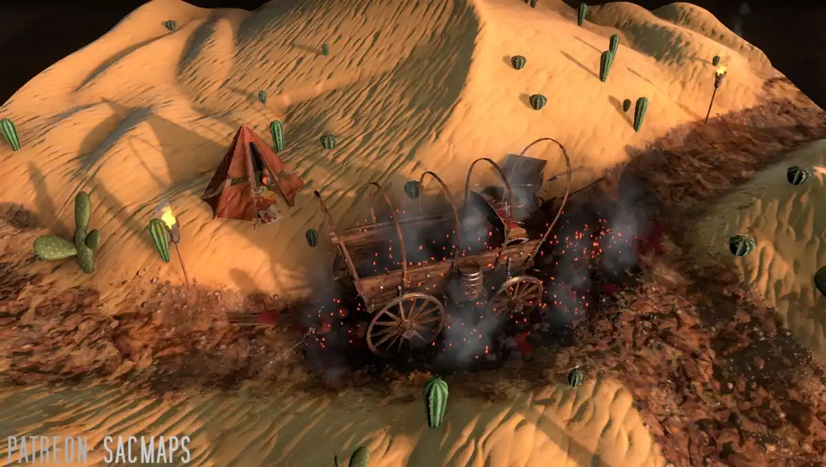 A screenshot from a desert-themed video game shows a wooden wagon on fire with smoke and sparks, next to a small tent and…
