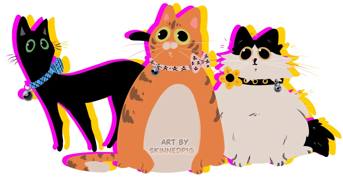 Three stylized cartoon cats with vibrant pink and yellow outlines stand side by side; a black cat with a blue plaid collar…
