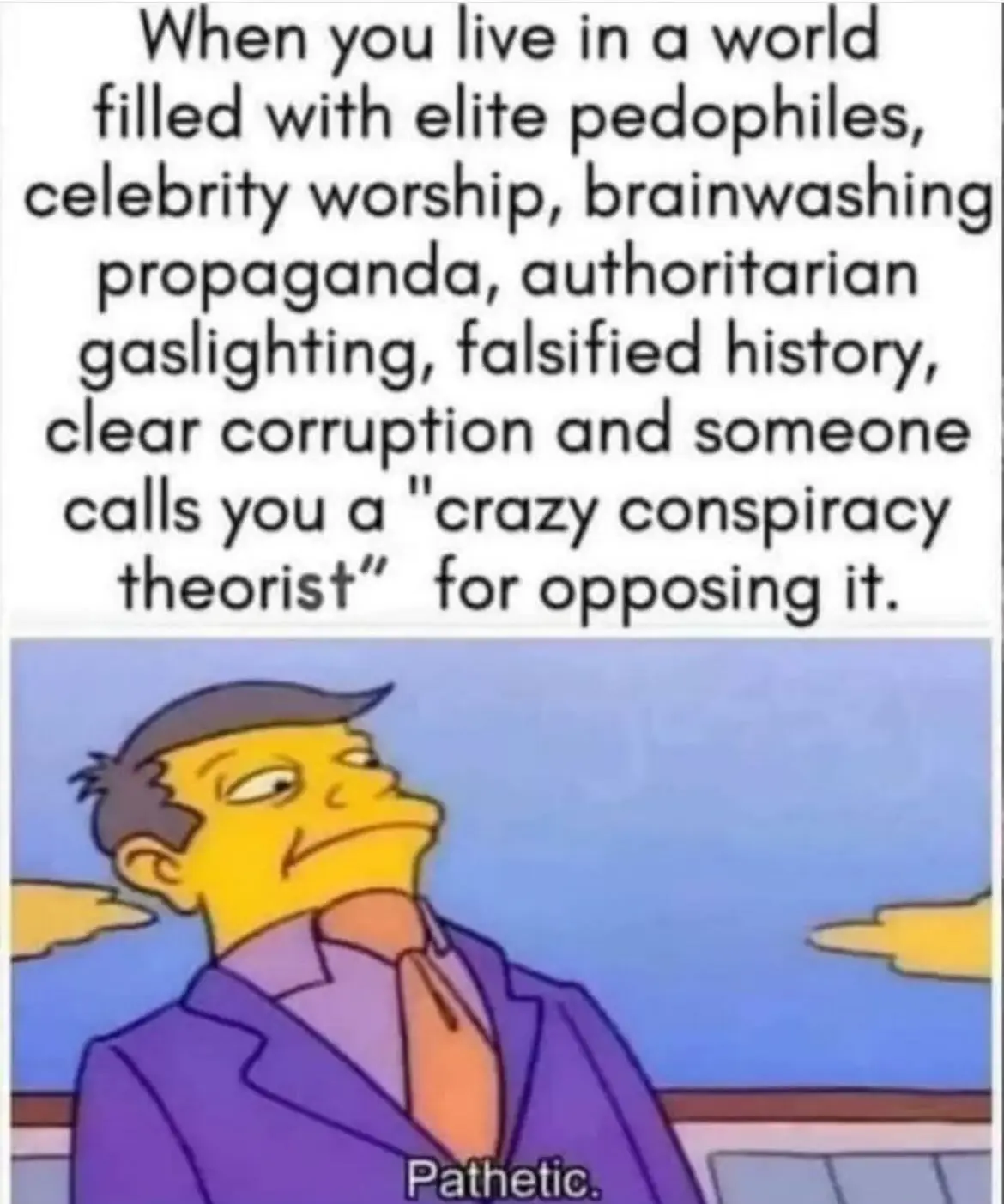 The image shows a cartoon man in a purple suit and orange tie, looking up and to the side with a smug, dismissive…