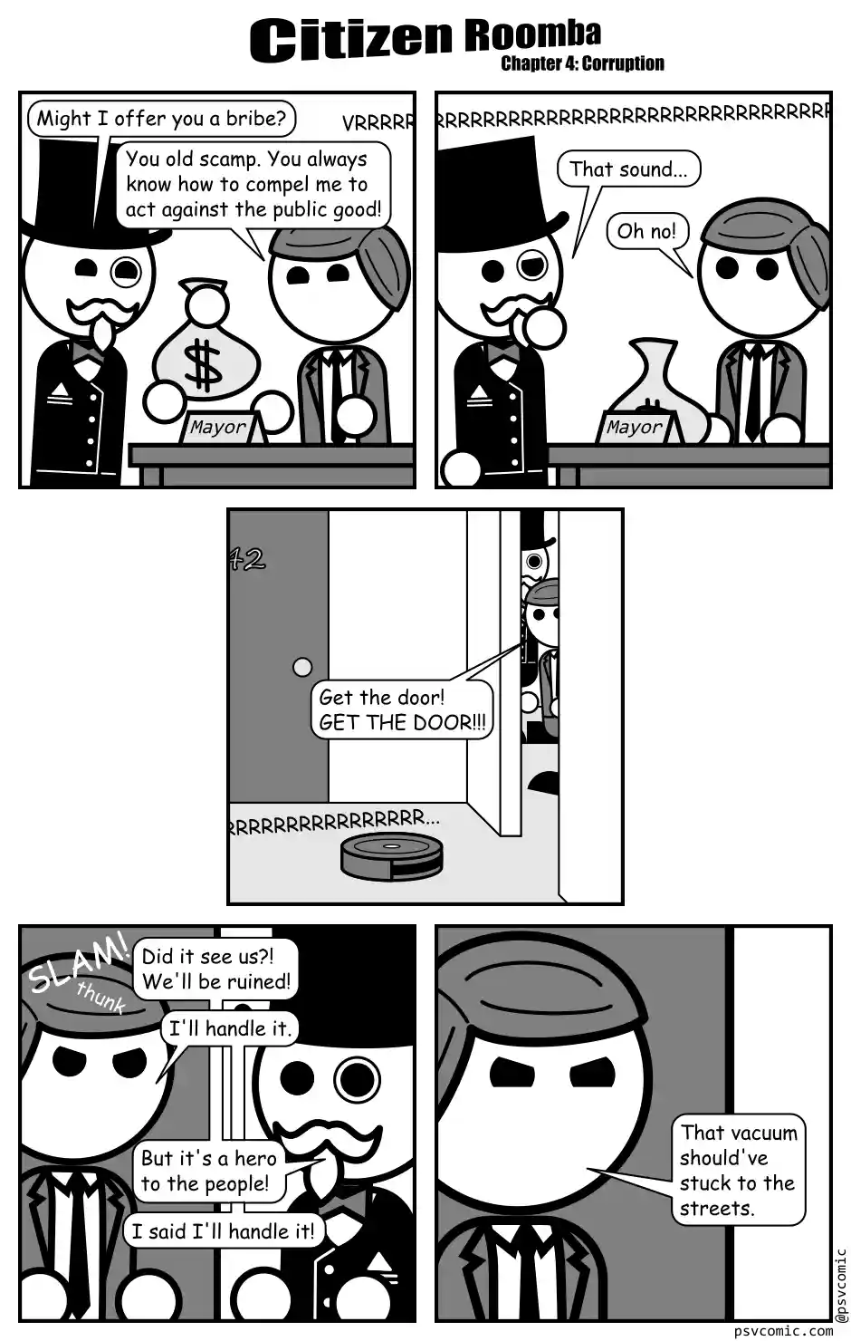 A black-and-white comic strip titled 'Citizen Roomba Chapter 4: Corruption' depicts a corrupt mayor accepting a bribe from a…