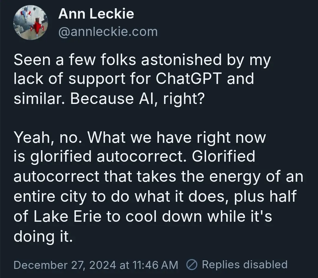A screenshot of a tweet by Ann Leckie (@annleckie.com) dated December 27, 2024, criticizing the energy consumption of AI…