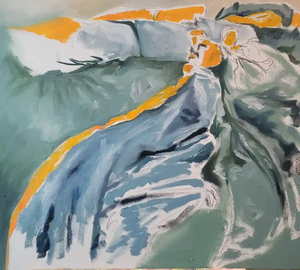 An abstract painting depicts a stylized human figure lying down, seemingly asleep or resting, with a prominent yellow-orange…