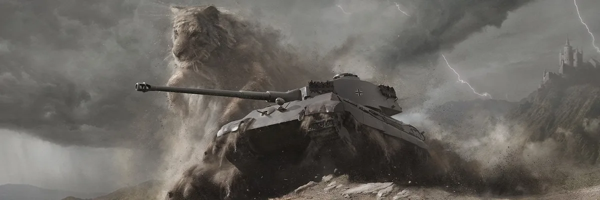 A dramatic, stormy scene depicts a large, white tiger standing behind and seemingly riding a German World War II tank, which…