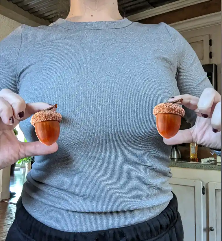 A person wearing a gray ribbed shirt holds two acorns, one in each hand, positioned near their chest. The acorns are brown…
