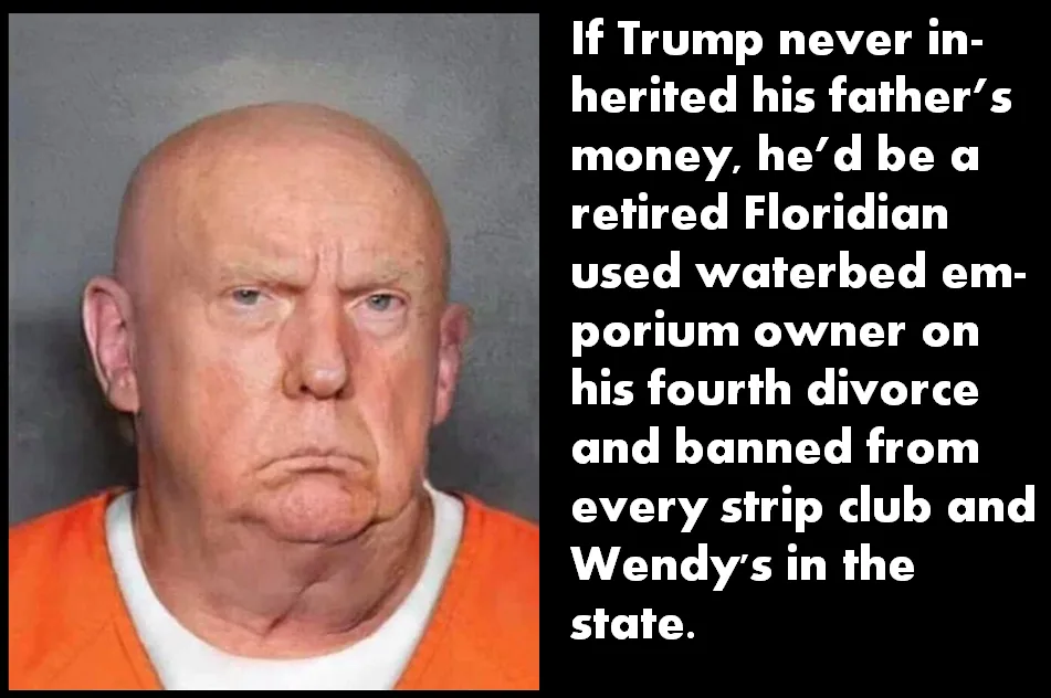 A mugshot-style photo of Donald Trump with a stern expression, wearing an orange jumpsuit over a white undershirt, next to a…