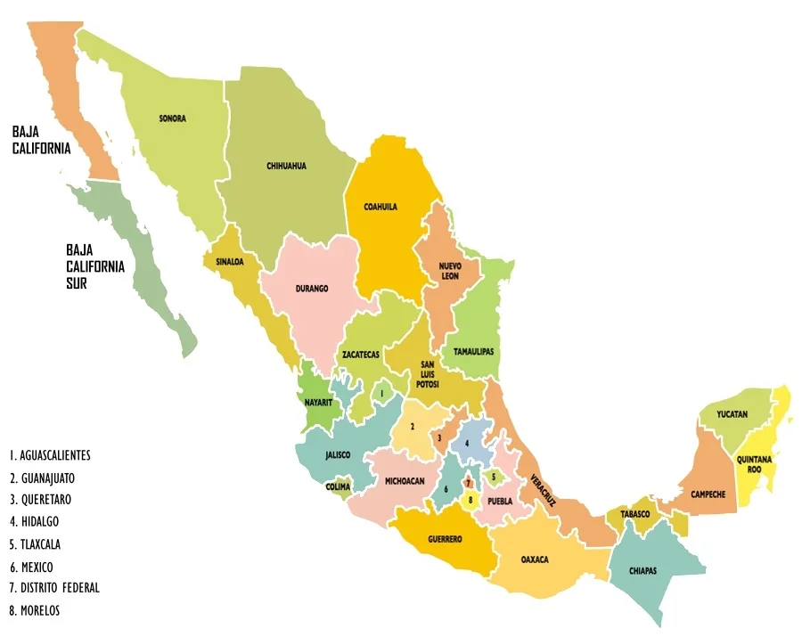 A colorful map of Mexico showing its states, with a numbered list on the left side naming eight states including 'Mexico'…