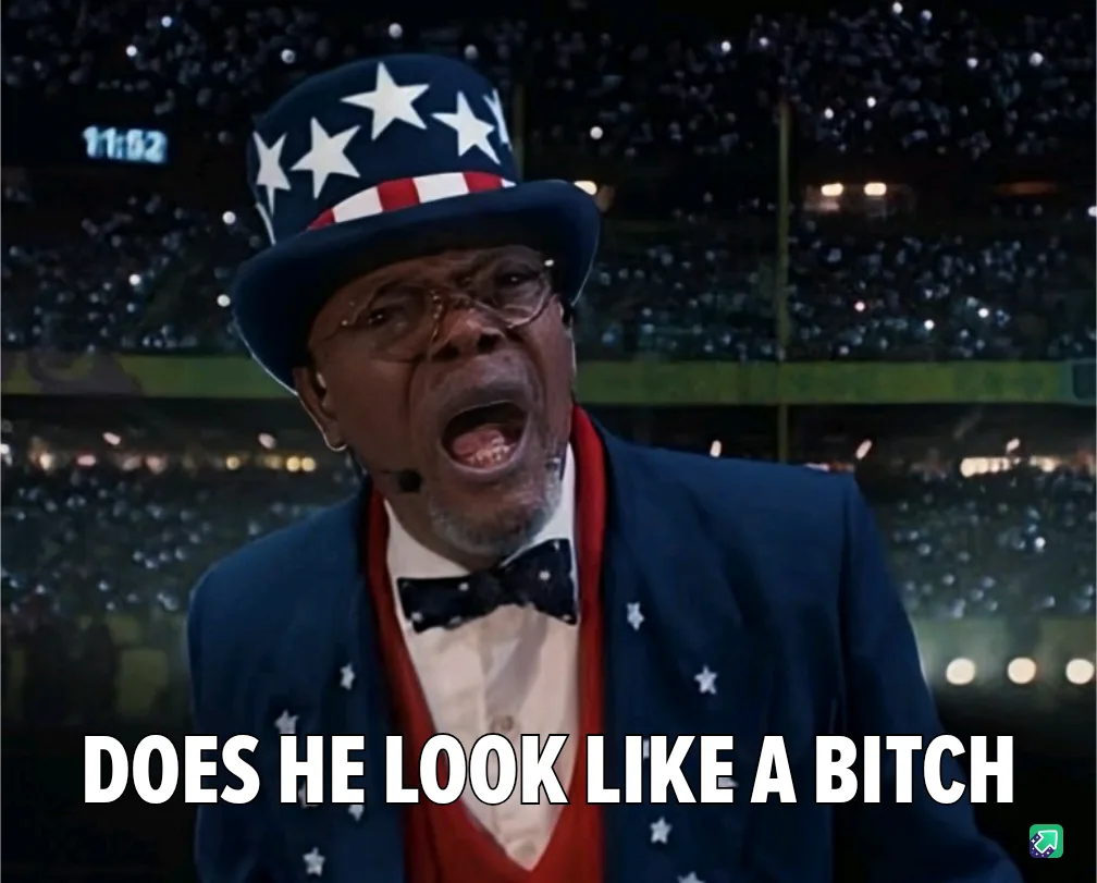 A man wearing a patriotic Uncle Sam costume with stars and stripes hat, glasses, and bow tie, is shown with his mouth wide…