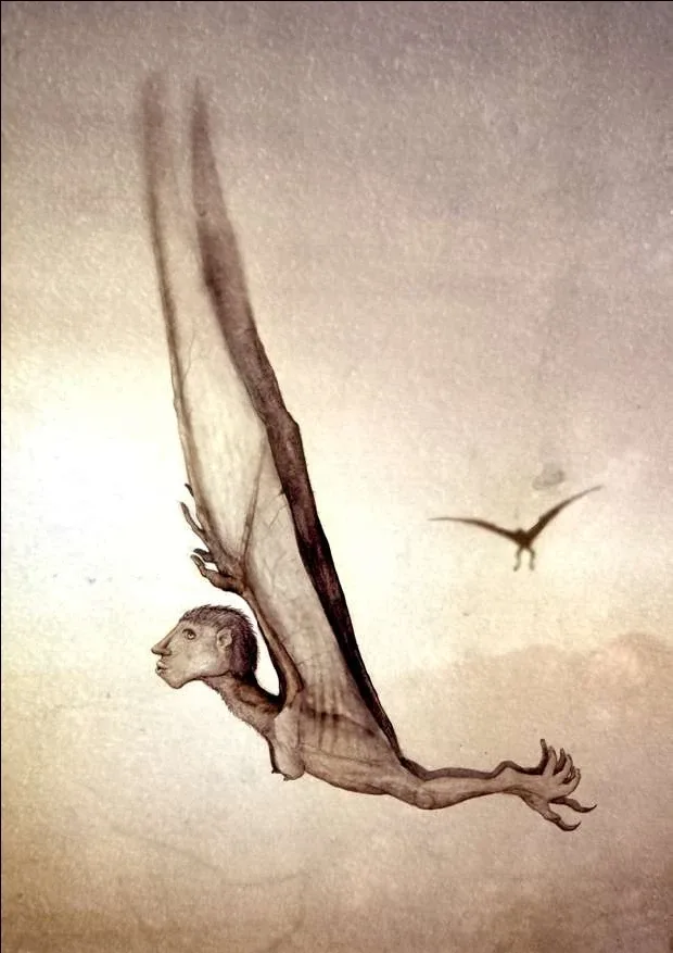 A sepia-toned drawing depicts a humanoid figure with a human head and torso, but with enormous, leathery wings and clawed…