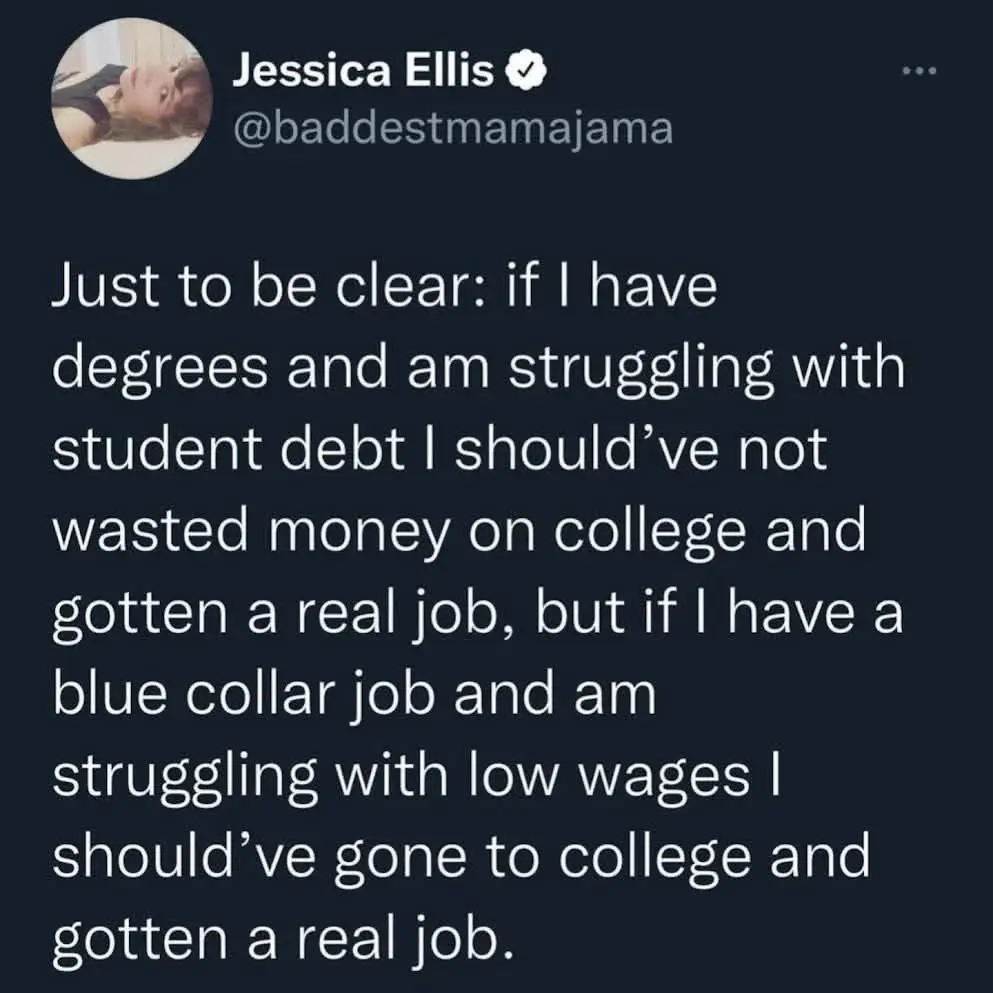 A screenshot of a tweet by Jessica Ellis (@baddestmamajama) displaying a text that critiques societal expectations around…