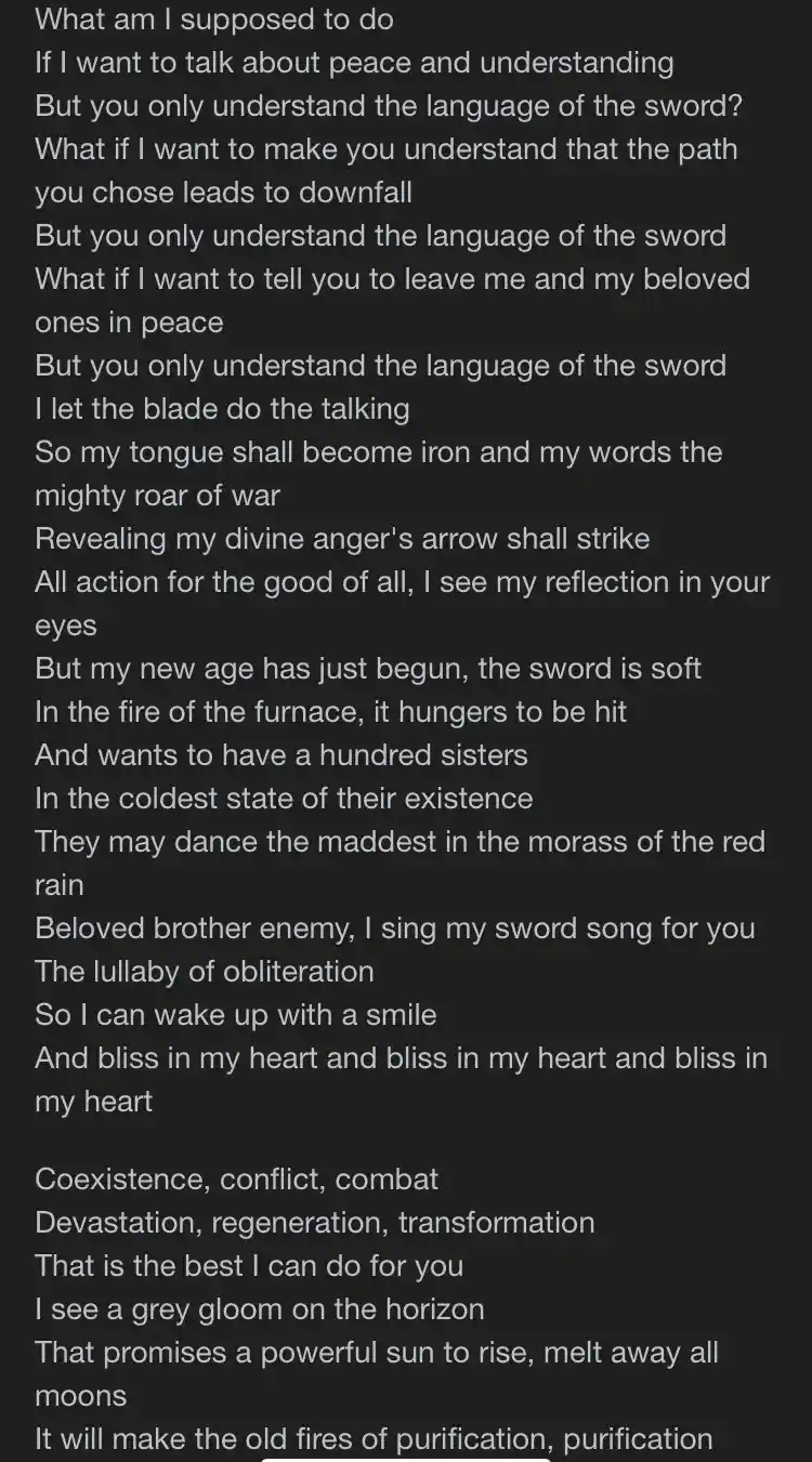The image displays a block of white text on a black background, presenting a poetic and intense passage that metaphorically…