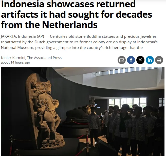 A news article headline reads 'Indonesia showcases returned artifacts it had sought for decades from the Netherlands' above…
