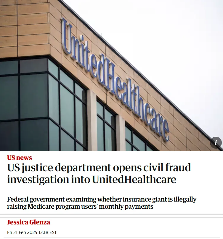 An image of a UnitedHealthcare building with a news headline overlay stating 'US justice department opens civil fraud…