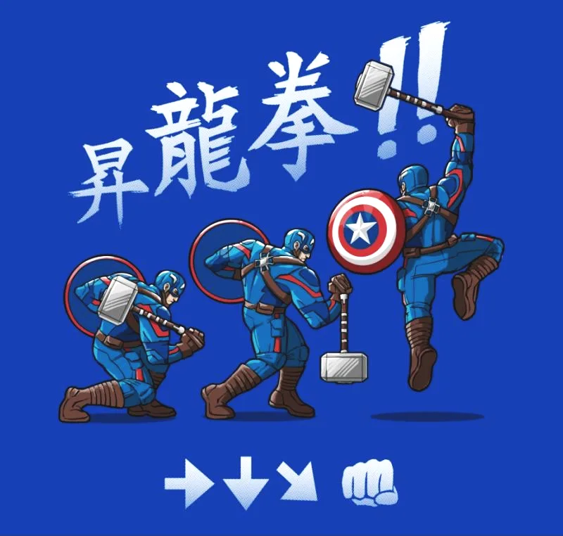 A blue background features Captain America in three sequential poses mimicking a martial arts move, holding his shield and…