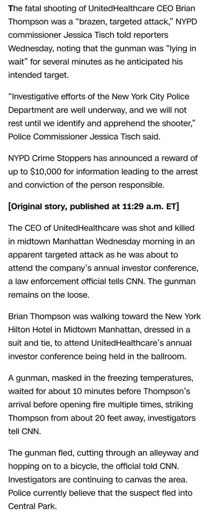 This image is a screenshot of a news article about the fatal shooting of UnitedHealthcare CEO Brian Thompson in Manhattan…