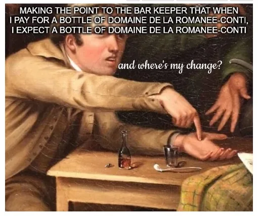 A man in a historical painting points at a barkeeper's hand while sitting at a wooden table with a small bottle and glass…