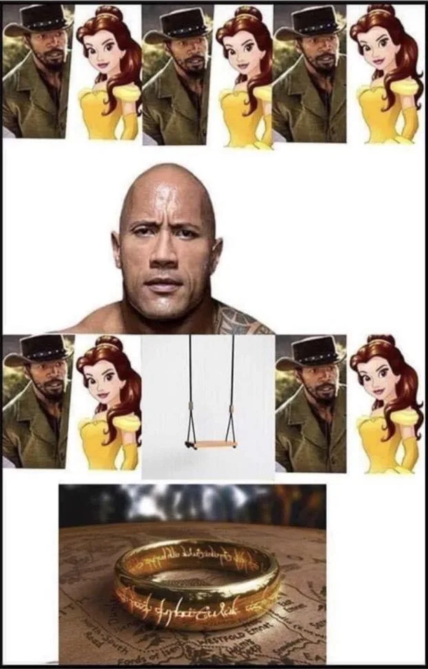 The image displays a collage: top and bottom rows show alternating images of actor Dwayne 'The Rock' Johnson wearing a…