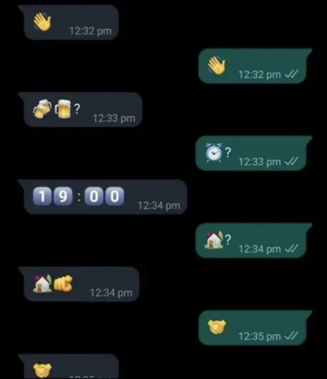 A screenshot of a dark-themed messaging app conversation shows a user sending a '19:00' timestamp at 12:34 pm, while the…