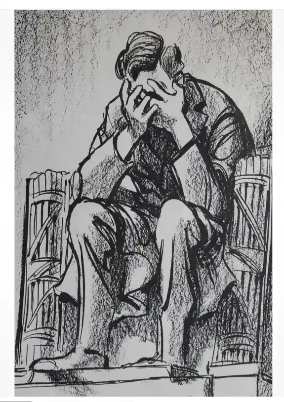 A black-and-white sketch depicts a man sitting in a wooden chair, leaning forward with his head in his hands, conveying deep…