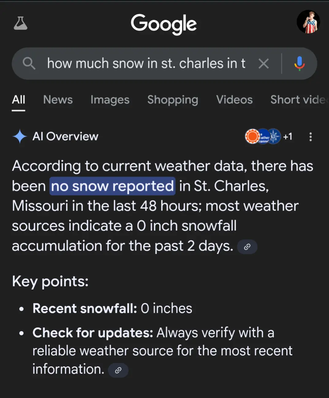 A screenshot of a Google search result for 'how much snow in st. charles in t' shows an AI Overview stating 'no snow…