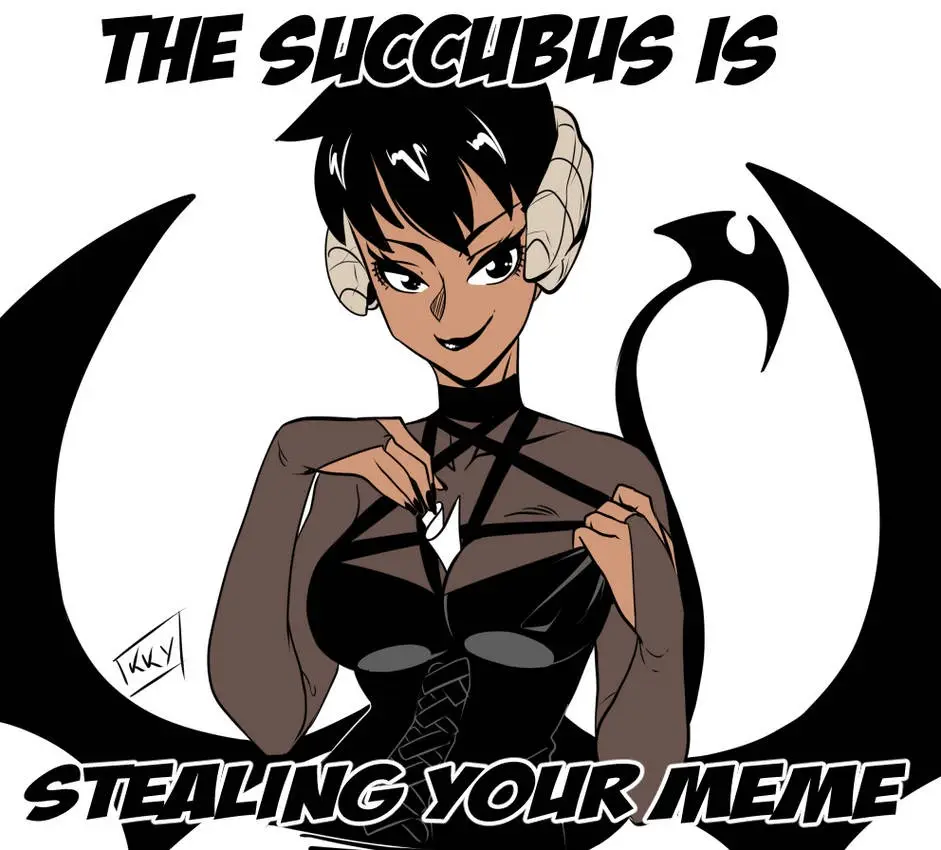 A cartoon succubus with black hair, horns, and a tail poses confidently while adjusting her revealing outfit. Bold text at…