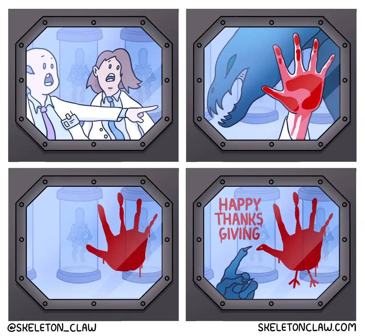Four panels show scientists in a lab reacting to a creature's hand, then a bloody handprint, then a bloody handprint shaped…