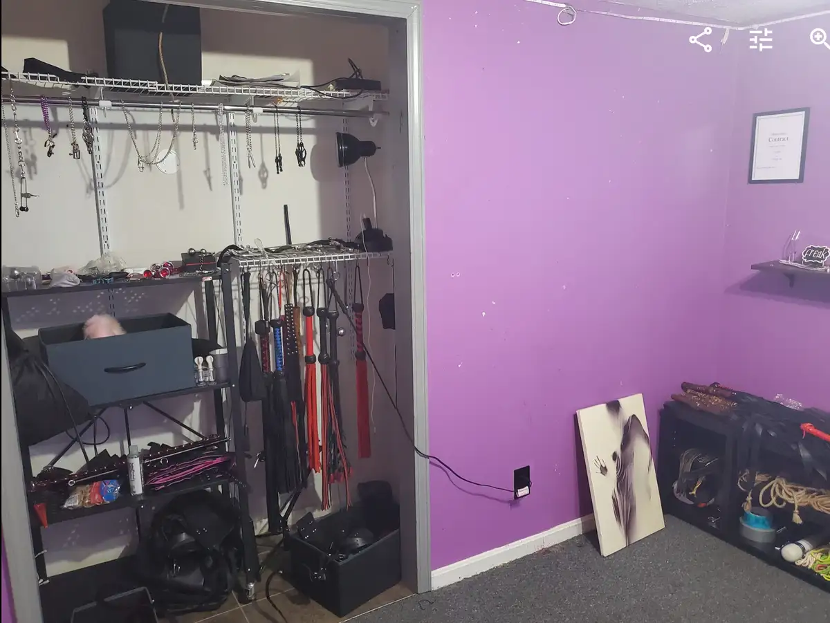 A room with purple walls and a closet filled with BDSM equipment like whips, chains, and restraints, with a framed…