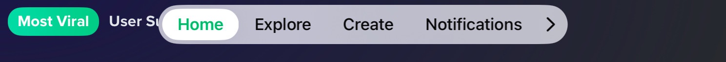 A screenshot of a social media app's navigation bar, showing 'Most Viral' highlighted in a green button, with 'Home'…
