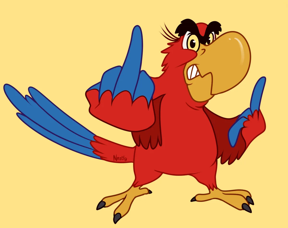 A cartoon red parrot with blue wings and tail, standing on a yellow background, angrily pointing both index fingers forward…
