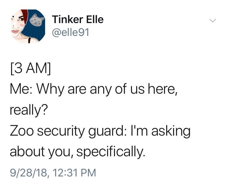 A screenshot of a tweet from user Tinker Elle (@elle91) dated 9/28/18, 12:31 PM. The tweet is timestamped [3 AM] and reads…