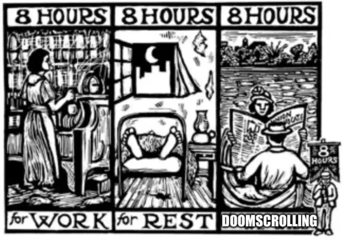 A vintage black-and-white triptych illustration shows three panels labeled '8 HOURS for WORK', '8 HOURS for REST', and '8…
