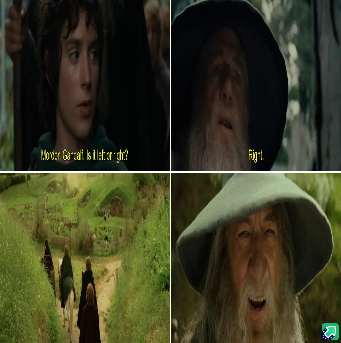 A four-panel meme from 'The Lord of the Rings' showing Frodo asking Gandalf which way Mordor is, Gandalf replying 'Right,'…