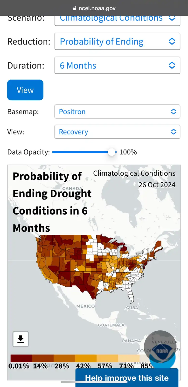 A screenshot of a NOAA climatological map showing the probability of ending drought conditions in the U.S. over the next six…