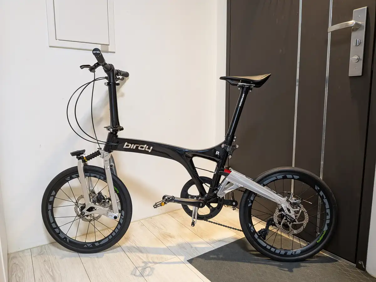 A black and silver Birdy folding bicycle is leaning against a white wall next to a dark brown door with a silver handle. The…