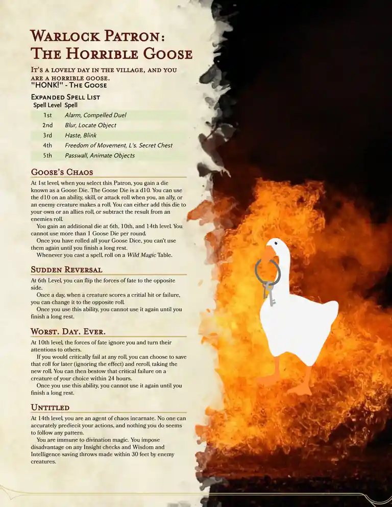 A Dungeons & Dragons-style character sheet titled 'Warlock Patron: The Horrible Goose' features a cartoon goose holding a…