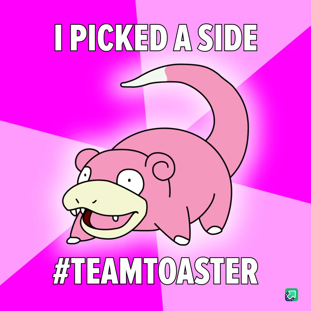 A cartoon pink Pokémon, Slowpoke, is shown against a bright pink and magenta background with radiating lines. The text at…