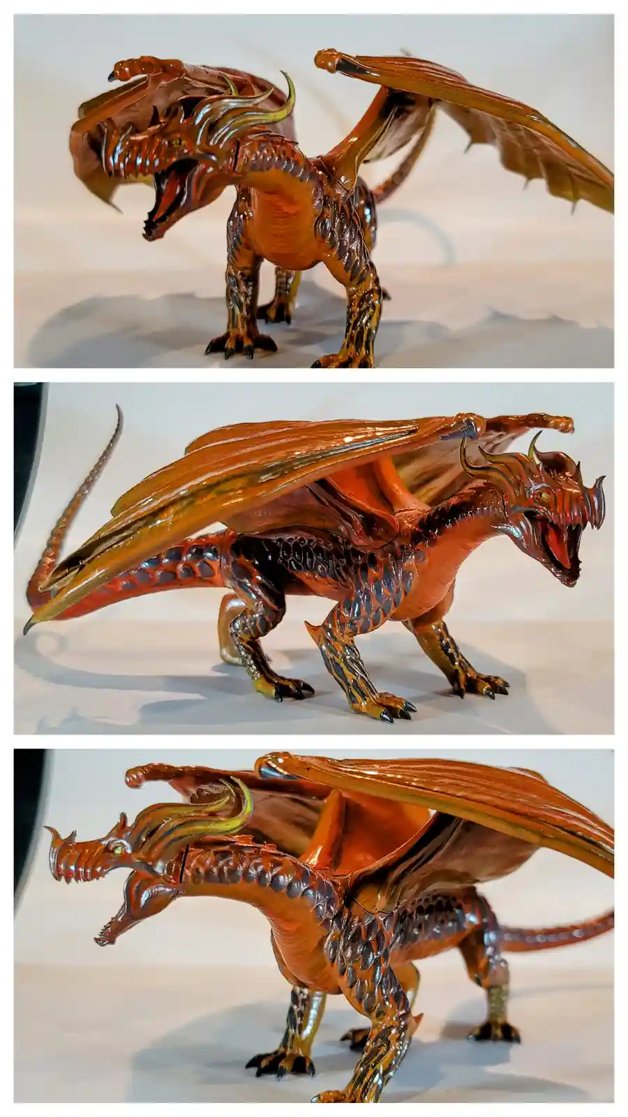 this image displays a detailed, shiny orange-brown dragon toy with black scales and spread wings, shown from three different…