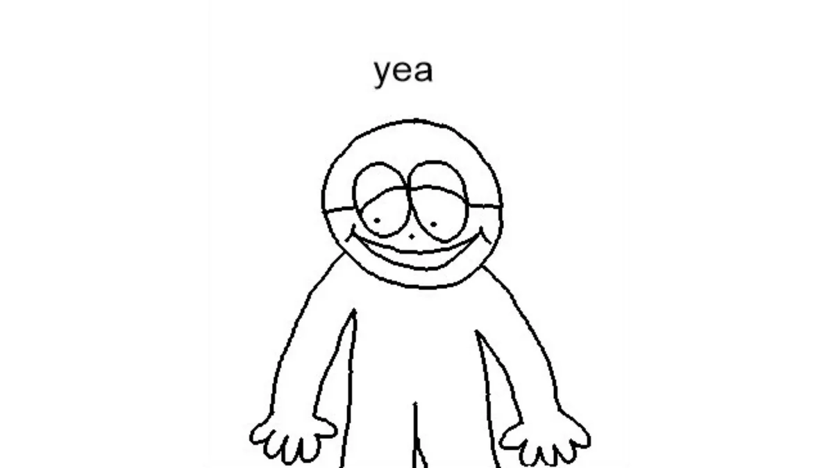 A simple black-and-white line drawing of a smiling, round-headed cartoon character with large eyes and outstretched arms…