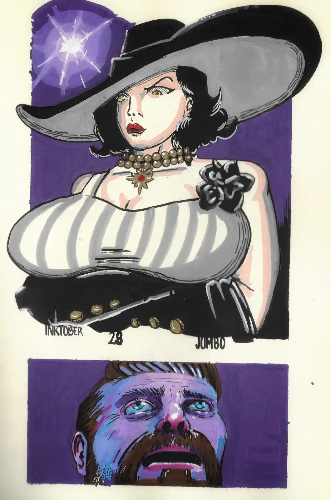 A stylized illustration shows a glamorous, witch-like woman in a large black hat and striped top, with a purple glowing orb…