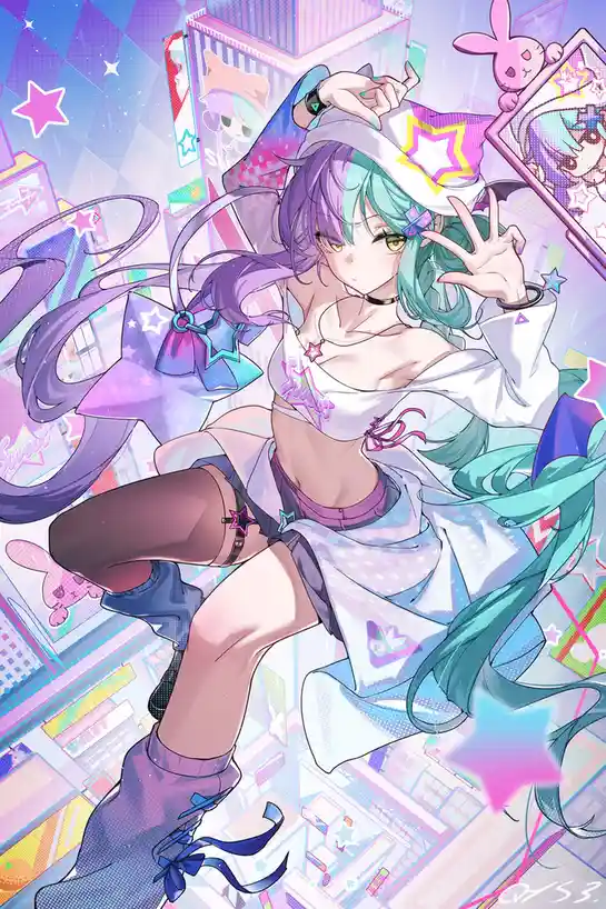 A vibrant anime-style illustration features a young woman with teal and purple hair, wearing a white crop top, shorts, and…