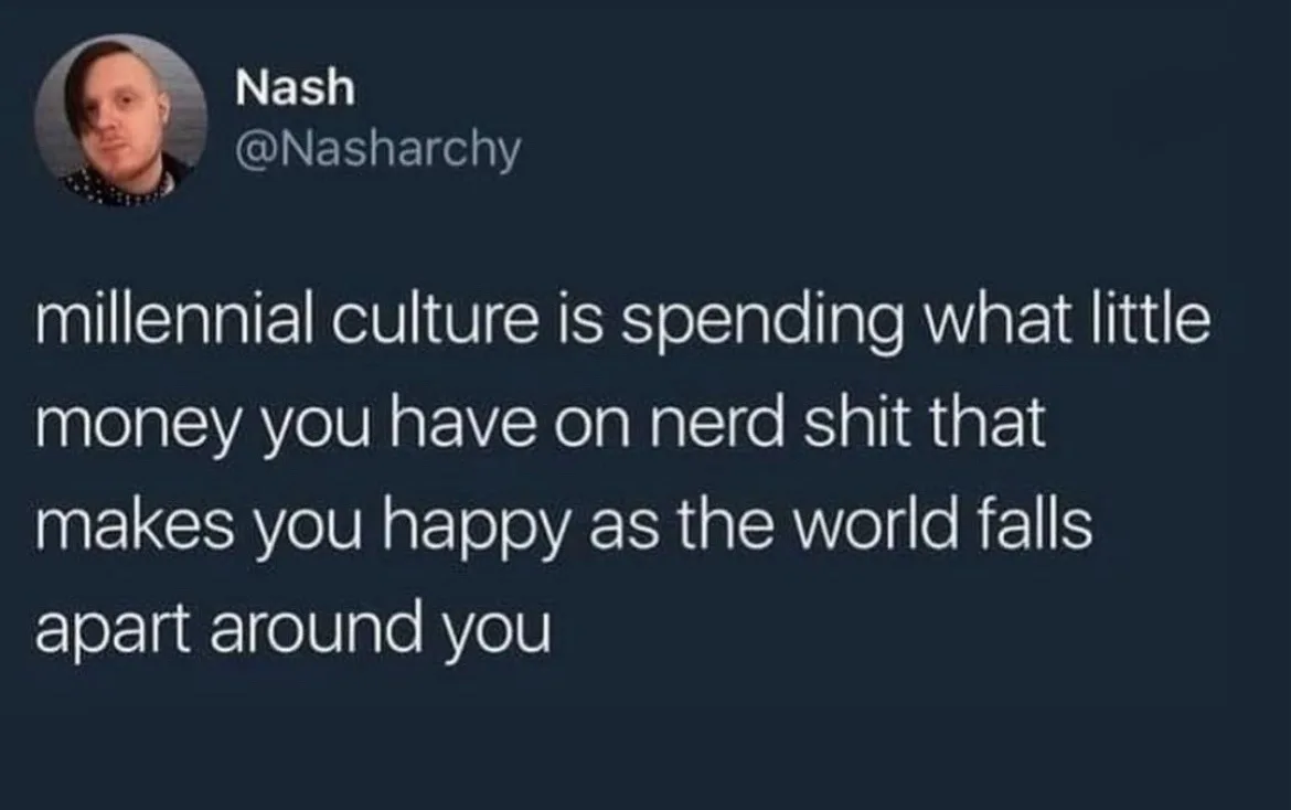 A screenshot of a tweet from user Nash (@Nasharchy) with a dark background and white text. The tweet reads: 'millennial…