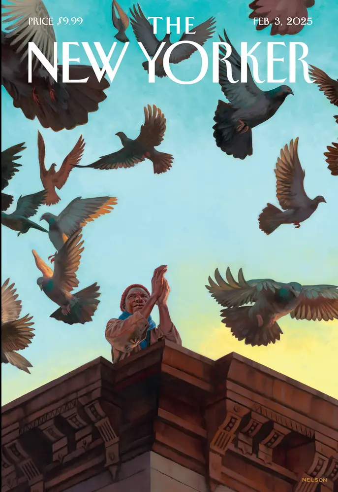 The image is the cover of The New Yorker magazine dated February 3, 2025, priced at $9.99. It features an illustration of a…