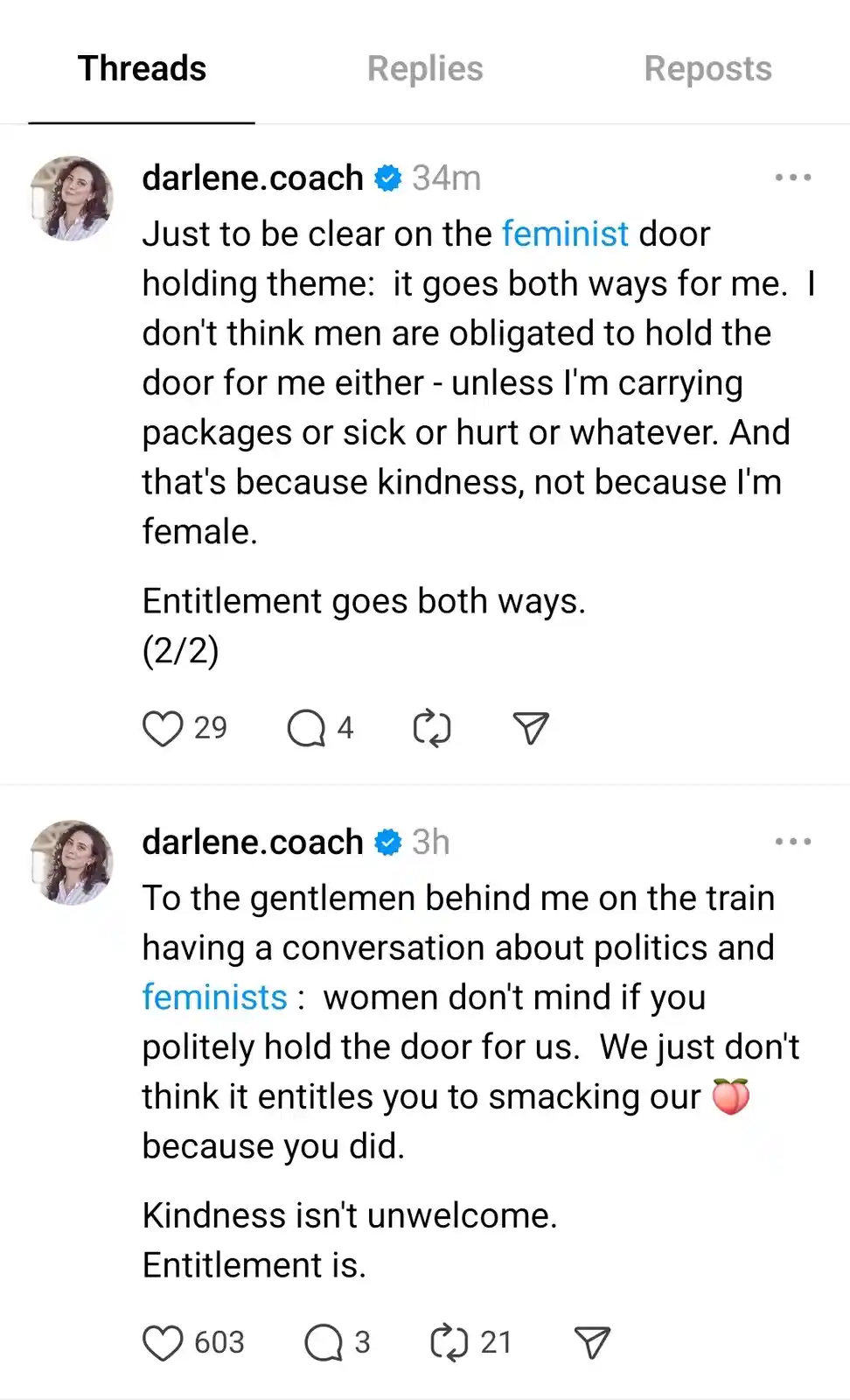 A screenshot of two Threads posts by user 'darlene.coach' discussing feminist views on door-holding etiquette. The first…